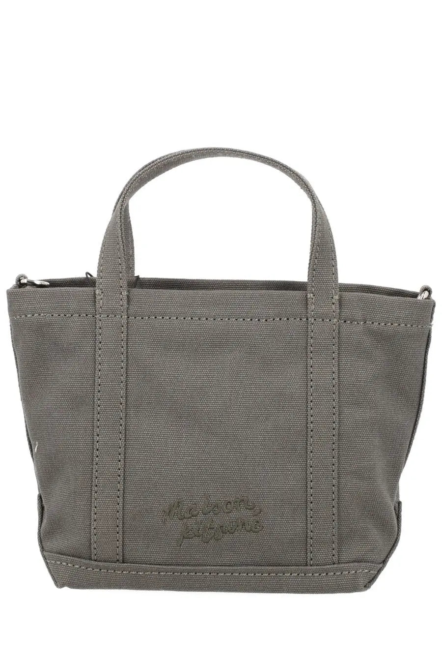 Maison Kitsuné women’s borsa tote fox head mini in dark gray canvas with sturdy handles and subtle stitching details