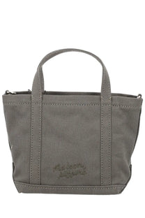 Maison Kitsuné women’s borsa tote fox head mini in dark gray canvas with sturdy handles and subtle stitching details