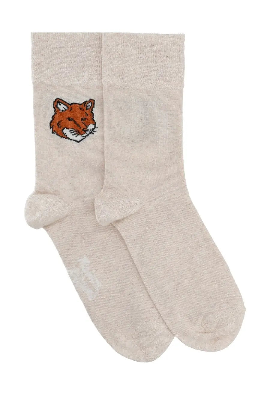 Maison Kitsuné women’s beige crew socks featuring an embroidered pixelated orange and white fox face on the front
