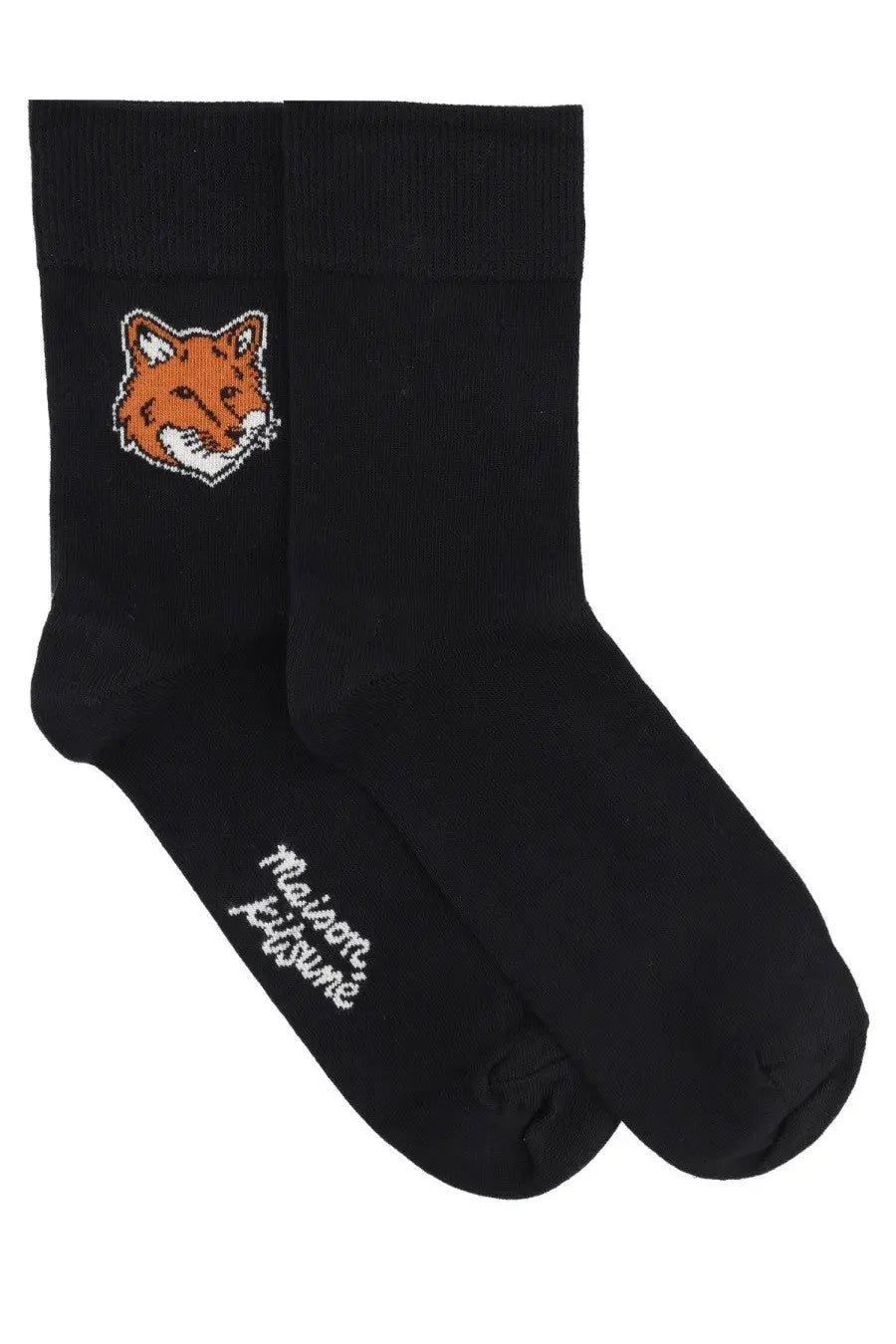 Black cotton Maison Kitsuné women’s socks with pixelated orange fox face cuff embroidery and white script on side