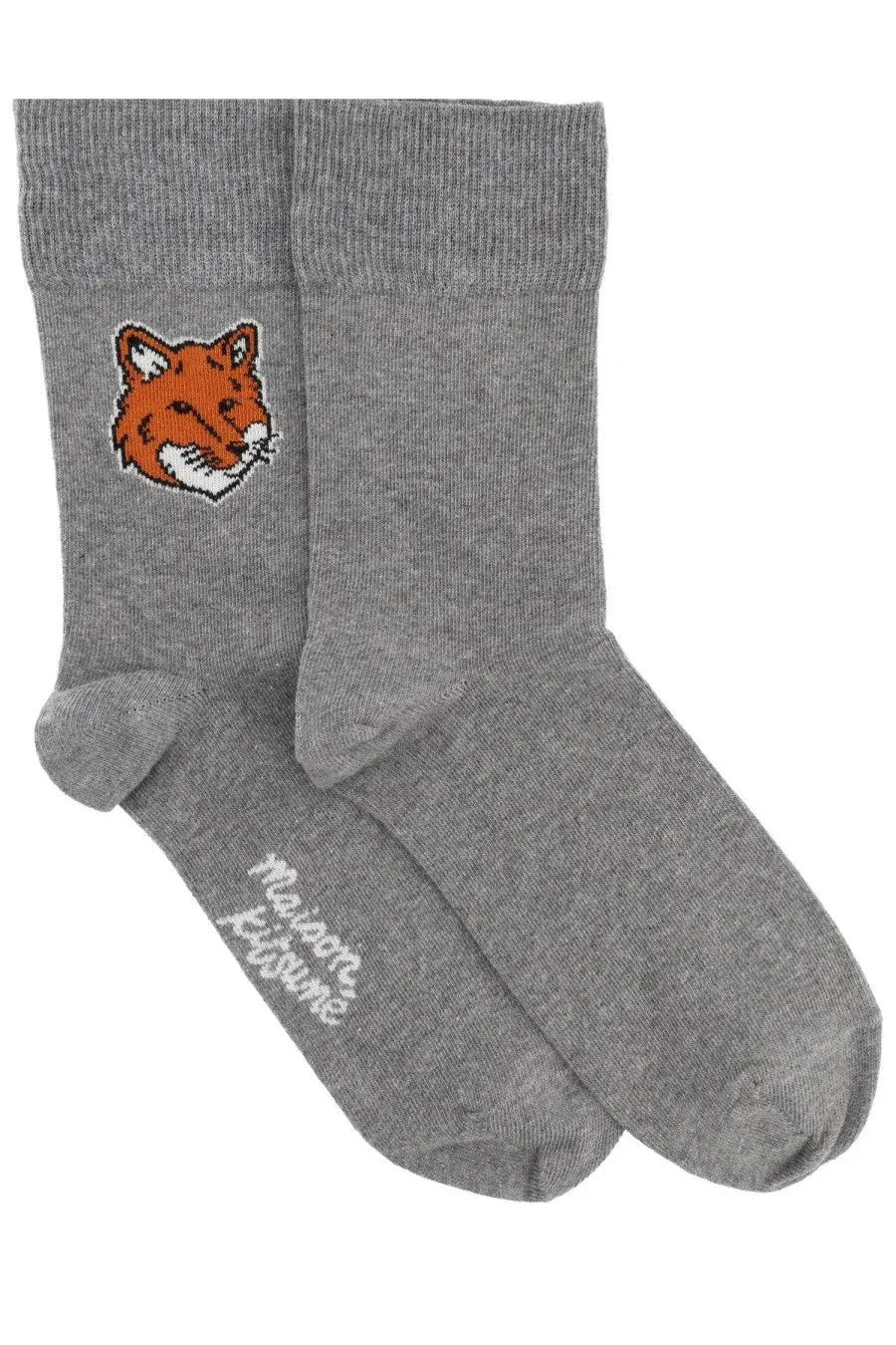 Maison Kitsuné women’s grey crew socks with knitted orange fox face and silver logo script on the heel