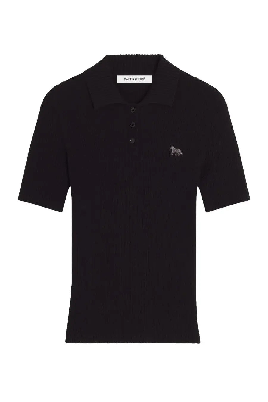 Maison Kitsuné women’s black polo shirt with short sleeves and subtle embroidered wolf on left chest and three buttons