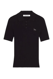 Maison Kitsuné women’s black polo shirt with short sleeves and subtle embroidered wolf on left chest and three buttons