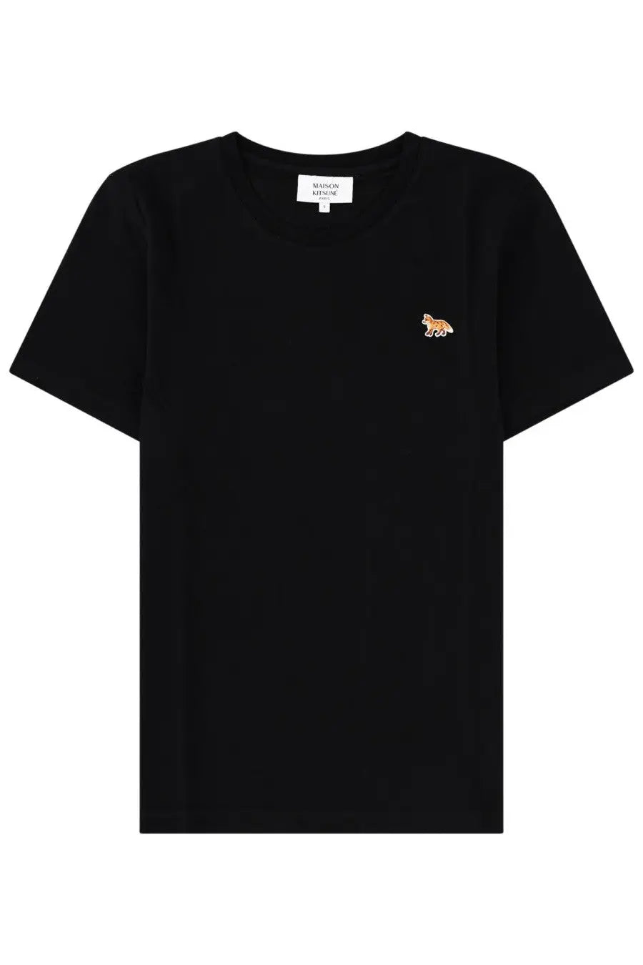 Maison kitsuné women’s black t-shirt with small embroidered baby fox on the left chest in cotton material