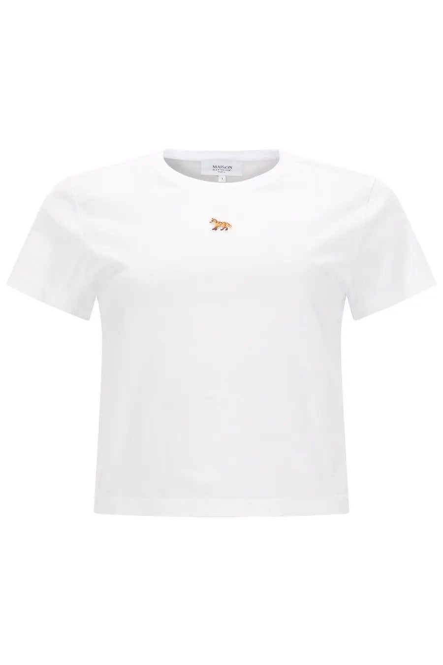 Maison Kitsuné women’s white cropped t-shirt with small embroidered fox logo on chest in cotton material