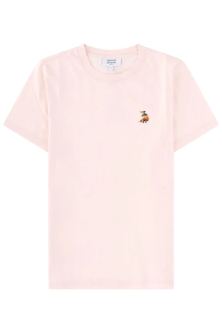 Maison Kitsuné women’s soft pink short-sleeved shirt with small embroidered fox on left chest called dreaming fox blue