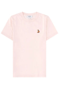 Maison Kitsuné women’s soft pink short-sleeved shirt with small embroidered fox on left chest called dreaming fox blue