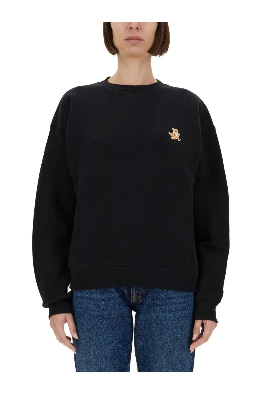 Maison Kitsuné women’s black oversized sweatshirt with small embroidered fox patch on left chest for casual wear