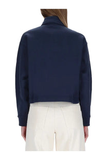 Navy blue cropped bomber jacket with ribbed cuffs and hem from Maison Kitsuné women’s sweatshirt fox blue collection