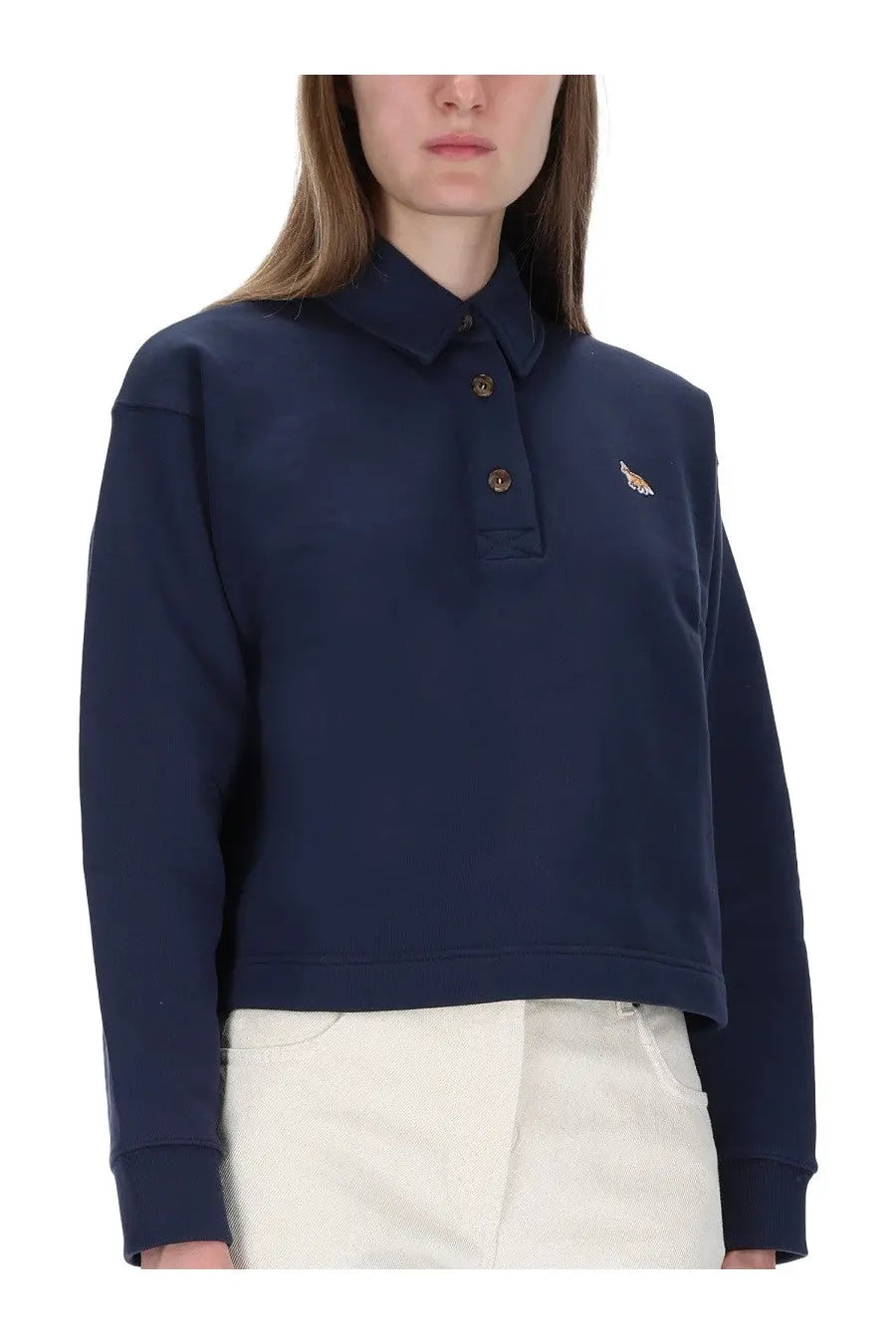 Maison Kitsuné women’s navy blue cropped polo shirt with small embroidered logo on left chest for casual wear