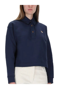 Maison Kitsuné women’s navy blue cropped polo shirt with small embroidered logo on left chest for casual wear