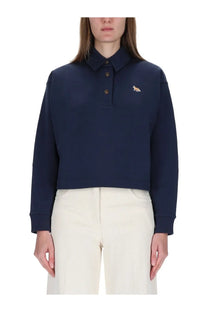 Maison Kitsuné women’s navy blue cropped polo shirt with embroidered fox logo and gold-toned buttons