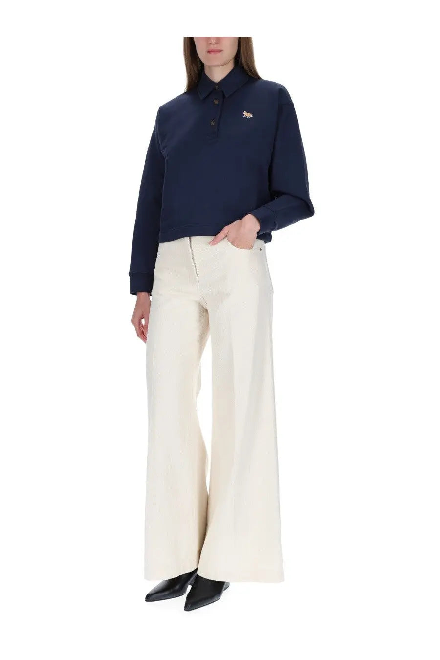 Maison Kitsuné women’s navy blue long-sleeved polo shirt with small embroidered fox logo on left chest