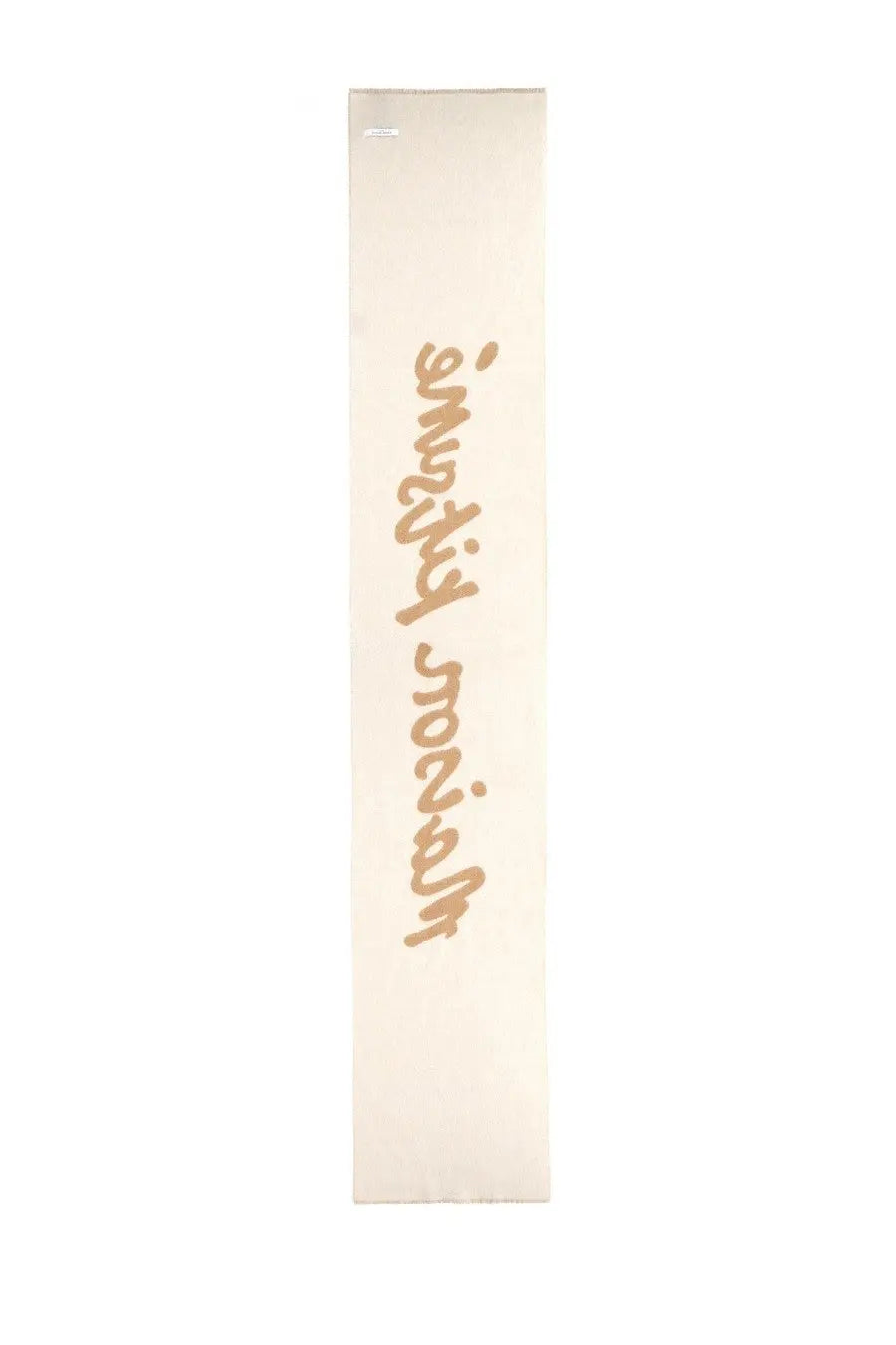 Beige wool scarf by Maison Kitsuné with a rectangular sticker featuring gold cursive lettering i am not a fan of this
