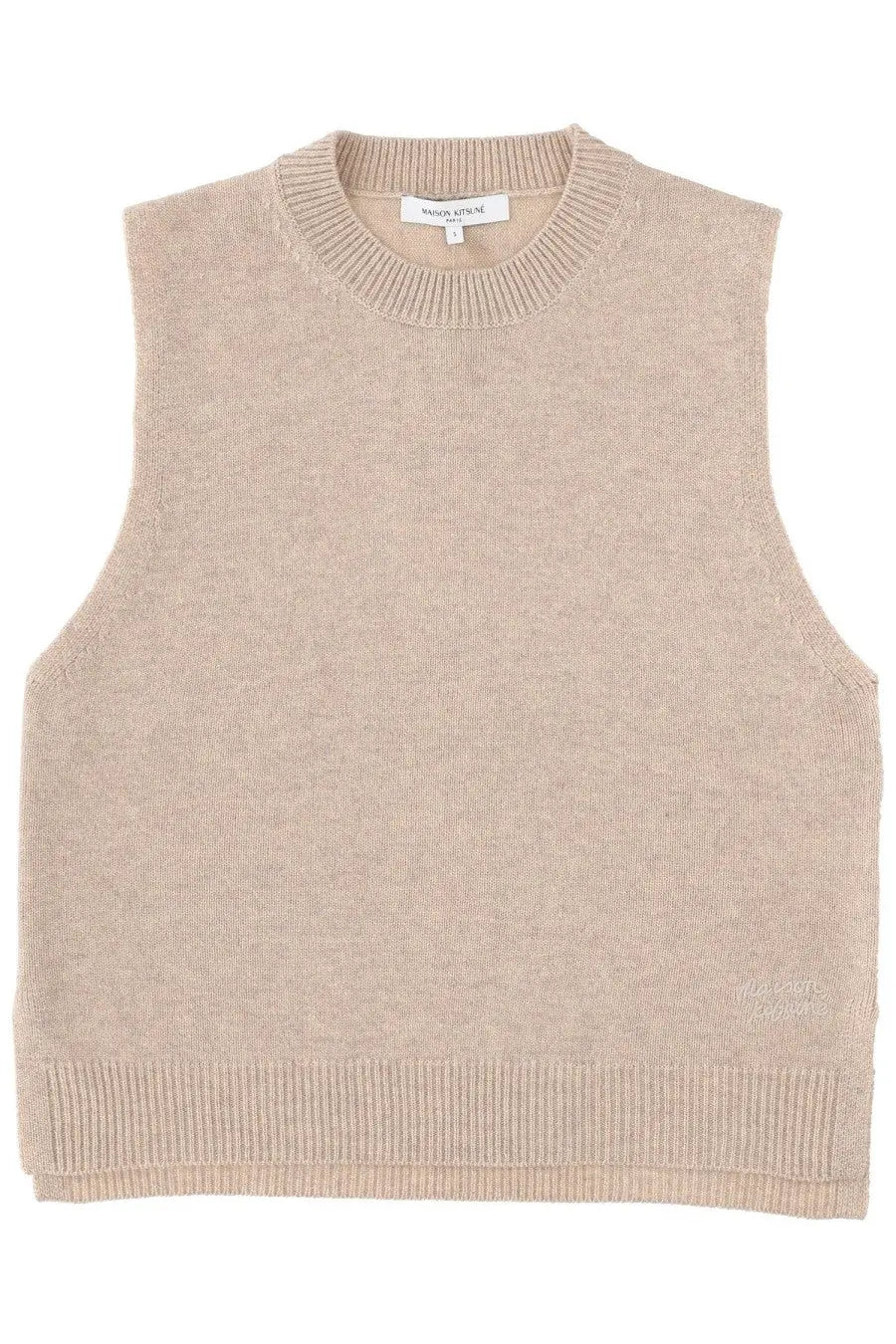 Maison Kitsuné women’s beige wool vest sleeveless sweater with ribbed neckline hem and soft textured fabric