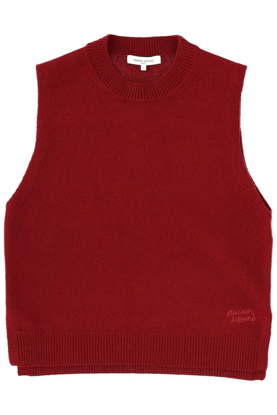 Maison Kitsuné women’s red wool vest knit sleeveless sweater with ribbed crew neckline and subtle embroidered branding