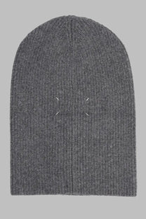 Maison Margiela men’s balaclava in lana grey charcoal gray ribbed knit with minimalist white x stitching at center front
