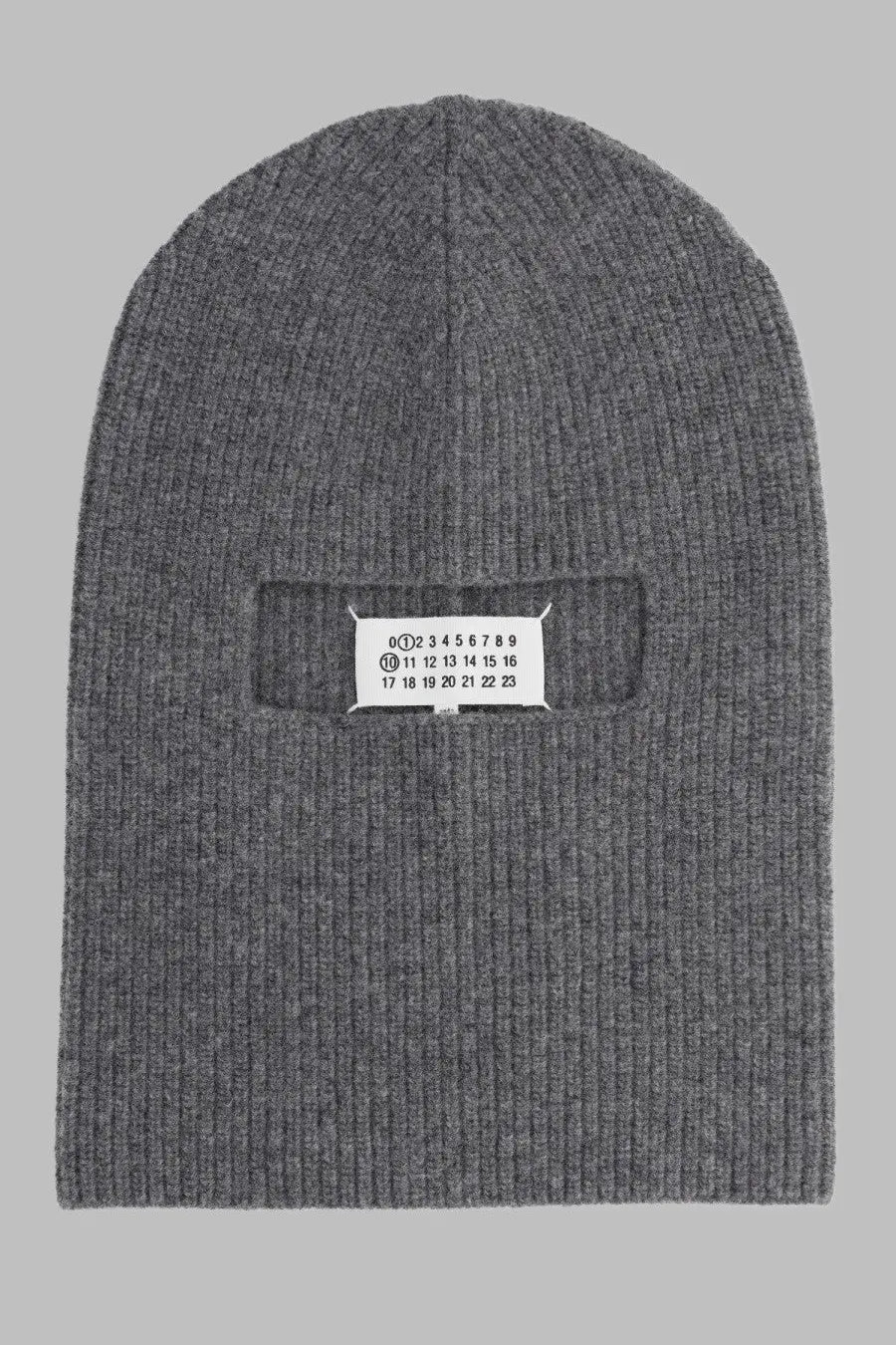 Maison Margiela men’s balaclava in lana grey with a gray ribbed knit beanie and white label featuring black numbers