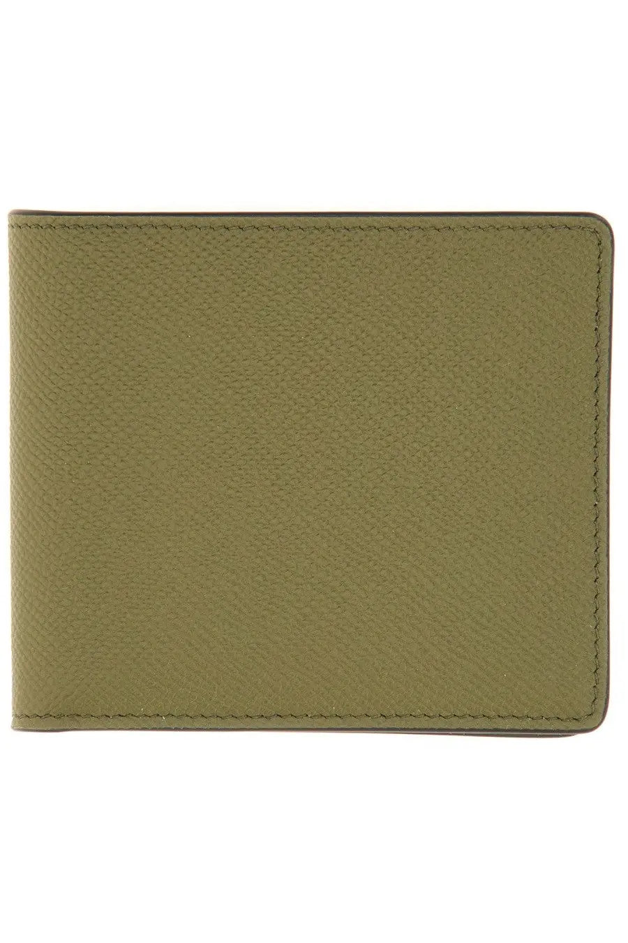 Maison Margiela men’s bi fold wallet in olive green textured leather with precise stitching along the edges