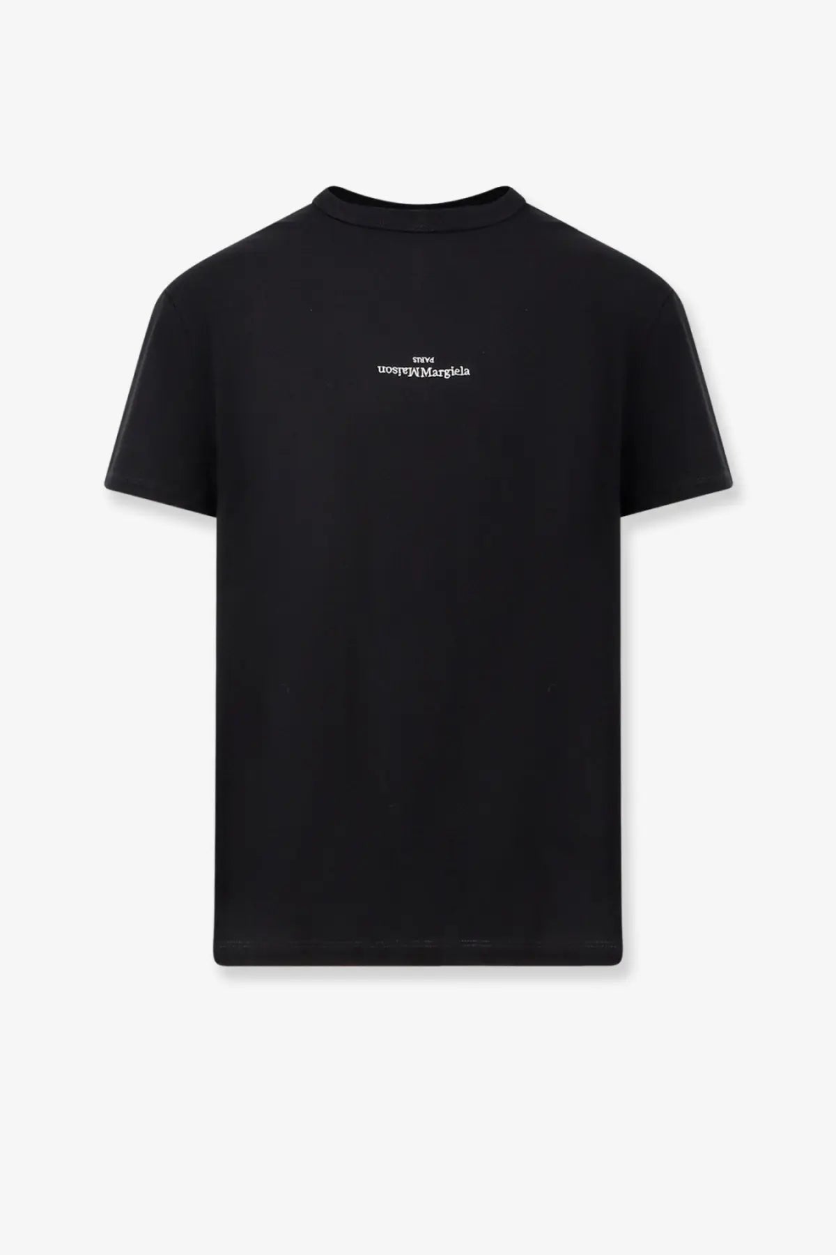Maison Margiela men’s black cotton t-shirt with short sleeves and small white new unisex margiela logo on chest