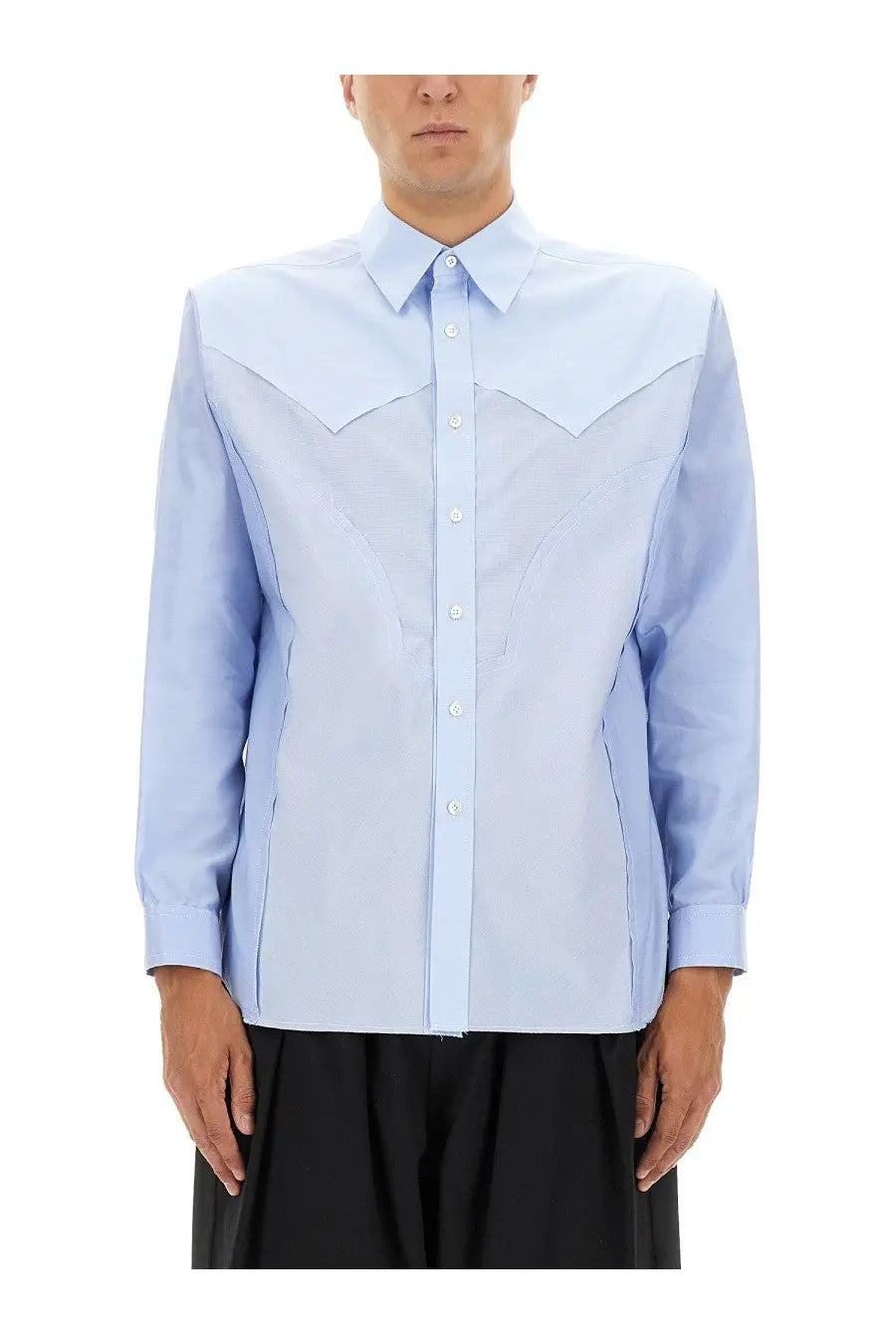 Maison Margiela men’s cotton shirt blue with light blue long sleeves, structured collar, and subtle seam detailing