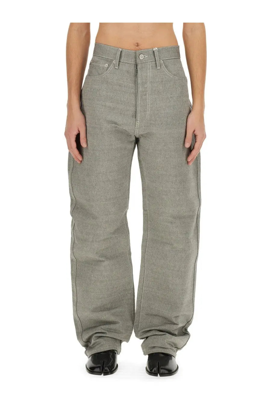 Maison Margiela men’s denim blue jeans with gray high-waisted wide-leg cut and visible stitching details