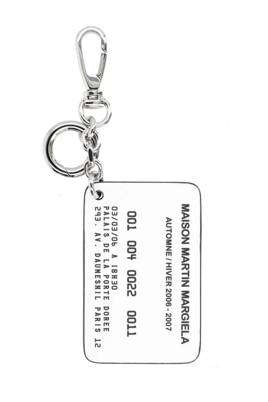 Maison Margiela men’s keychain cardholder in silver metal with black rectangular tag resembling event ticket design