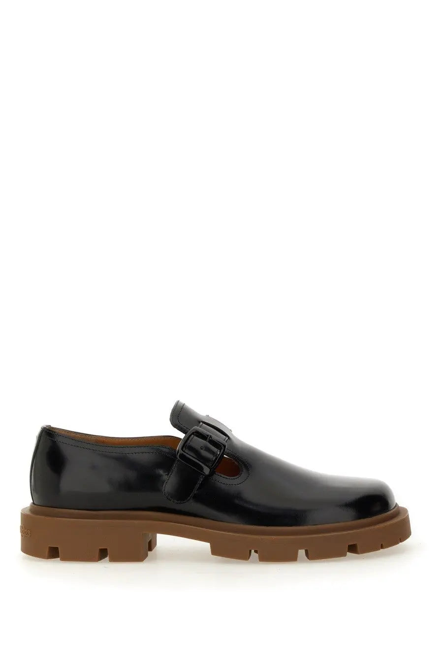 Maison Margiela men’s leather monk black patent leather mary jane shoe with brown rubber sole and buckle closure