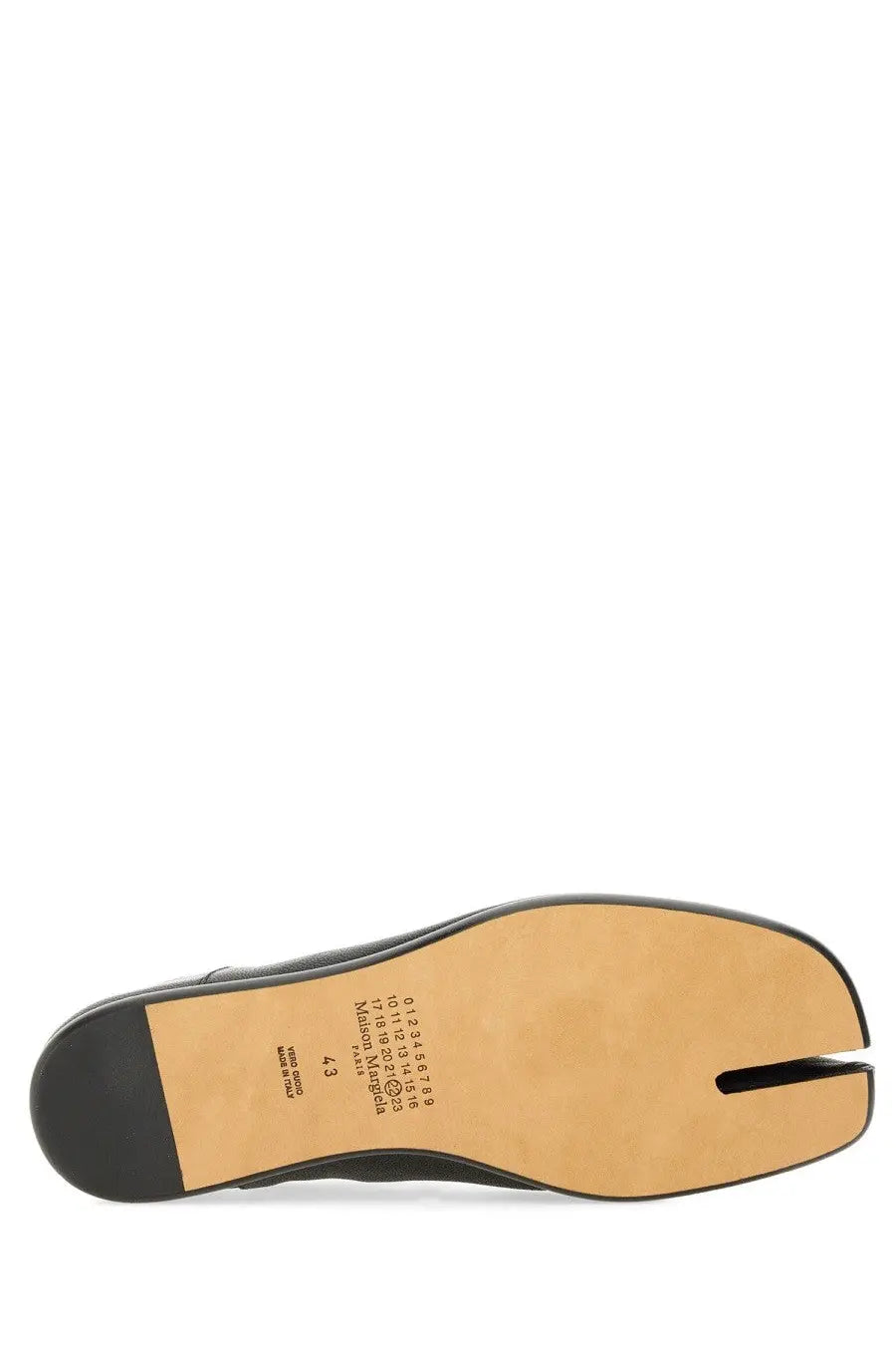 Maison Margiela men’s black leather tabi mules with split toe design and tan leather insole