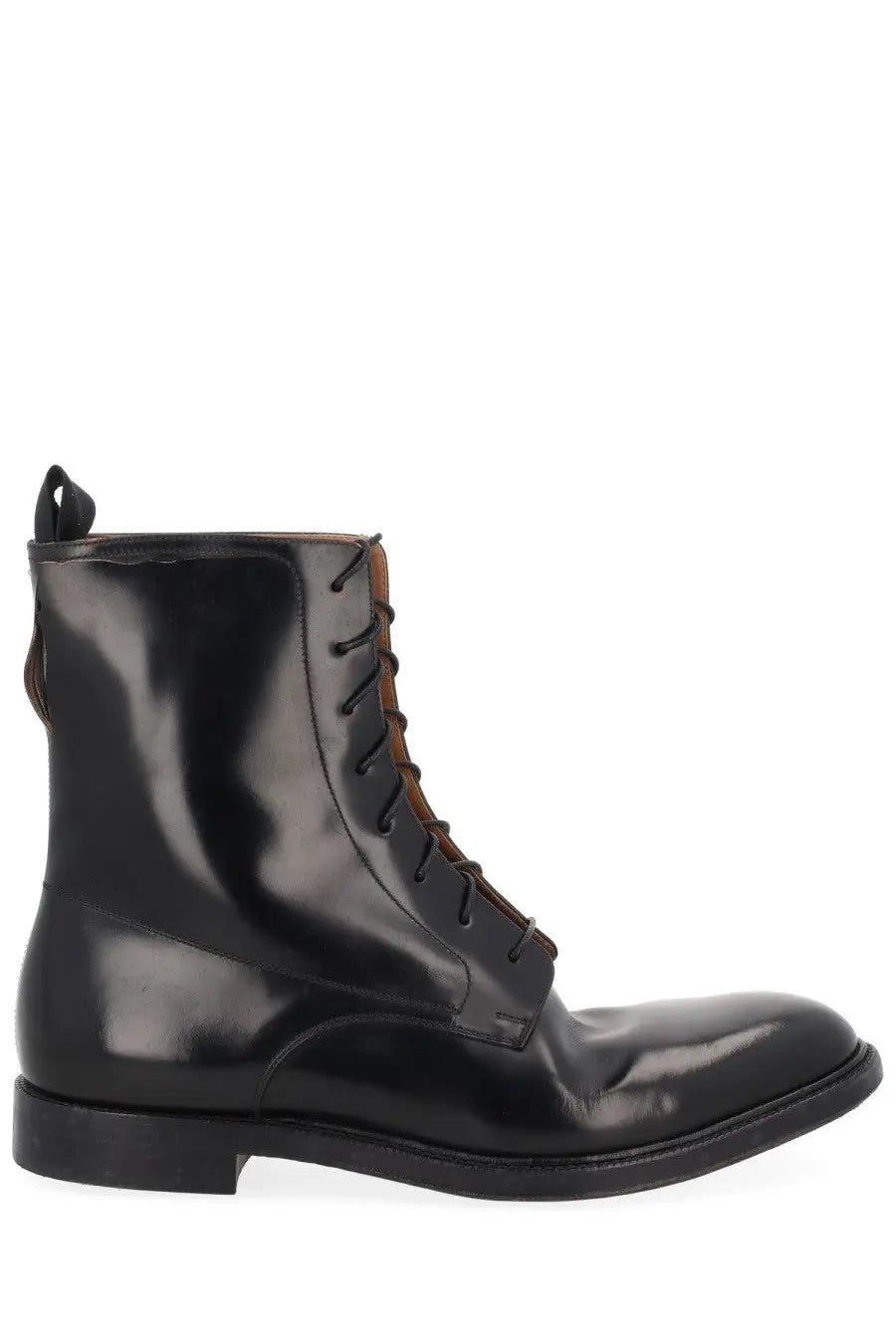 Maison Margiela men’s loved to death black leather lace-up combat boot with polished finish and brown laces