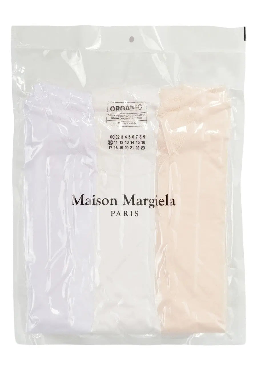 Maison Margiela Paris organic cotton tights in white and nude paired with a men’s pack of three white shirts