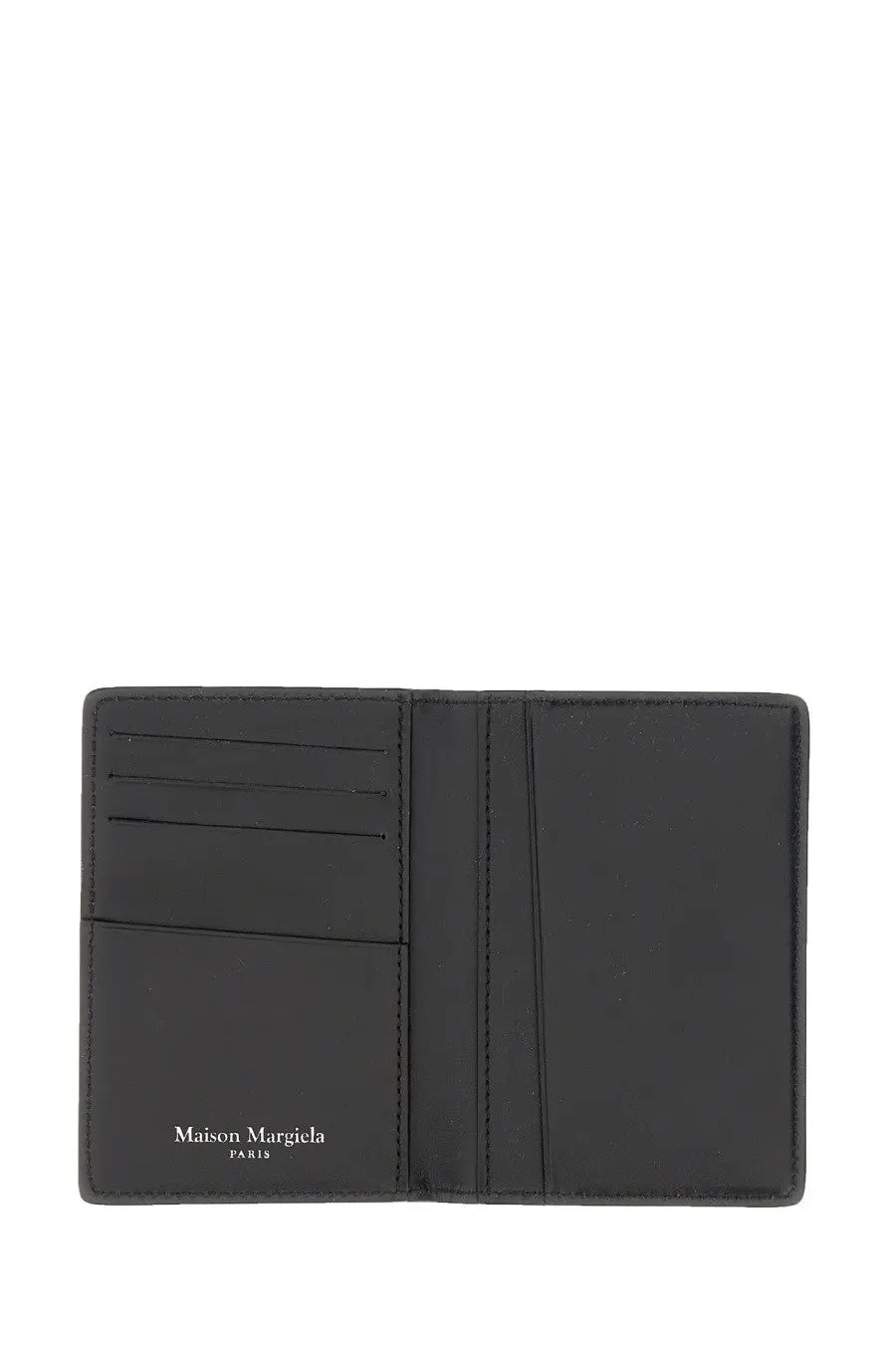 Maison margiela men’s portacarte bi fold black leather wallet with minimalist design and branding on the interior
