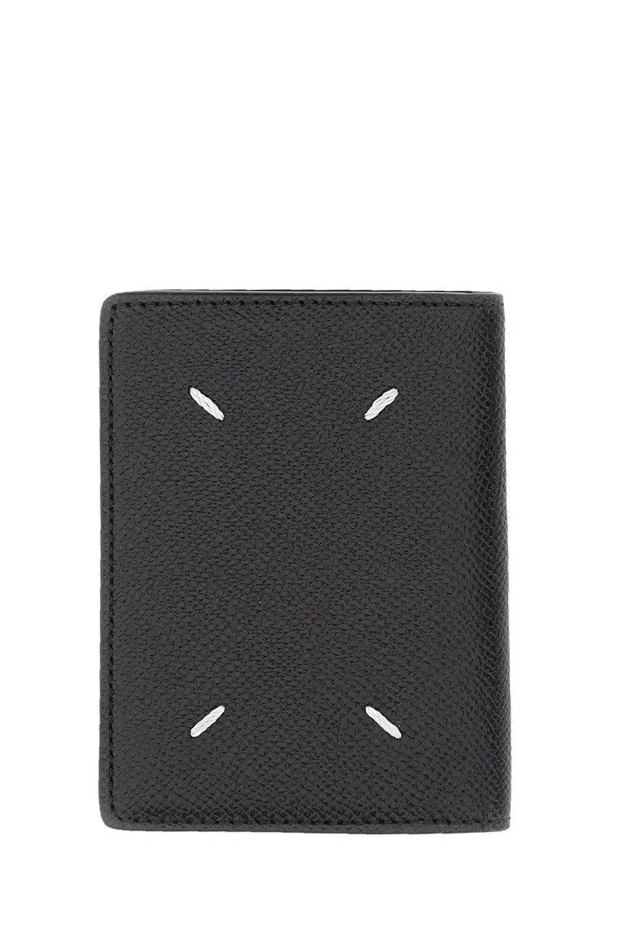 Maison Margiela men’s portacarte bi fold black leather wallet with white stitched minimalist face design