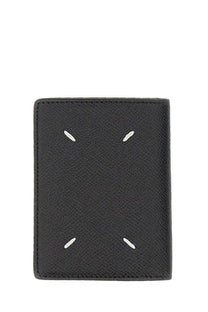 Maison Margiela men’s portacarte bi fold black leather wallet with white stitched minimalist face design