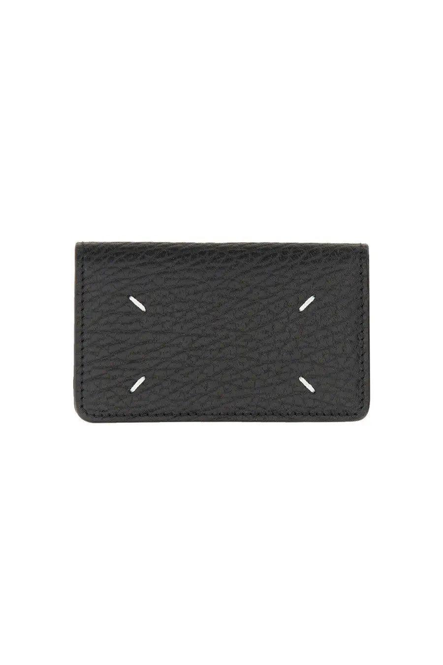 Maison margiela men’s portacarte compatto black textured leather wallet with white stitching cross pattern