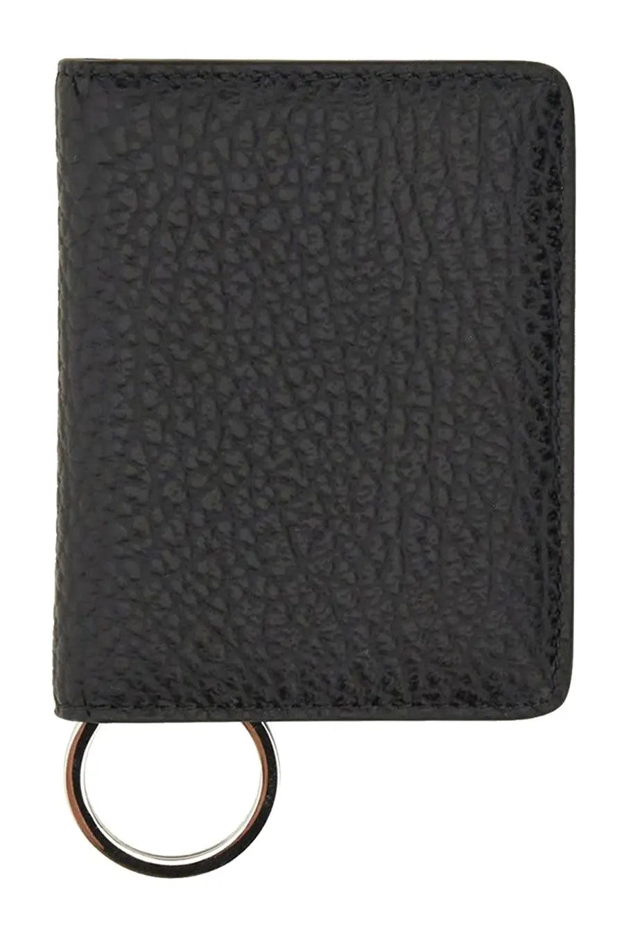 Maison Margiela men’s black textured leather bifold wallet with keychain and metallic ring for secure organization