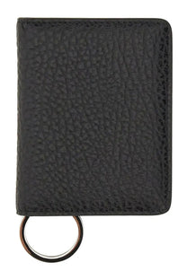 Maison Margiela men’s black textured leather bifold wallet with keychain and metallic ring for secure organization