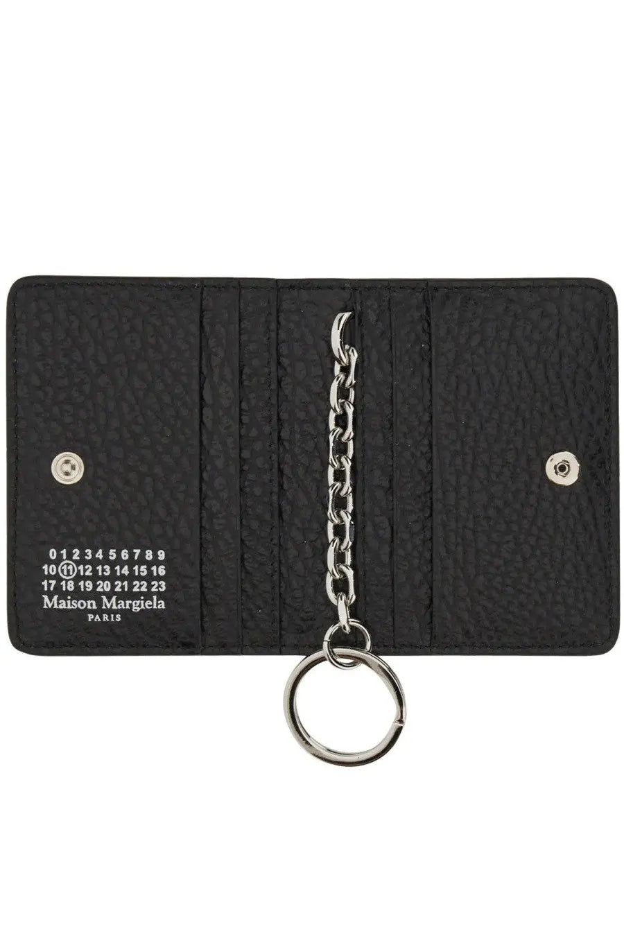 Maison Margiela men’s black textured leather bifold card holder with numbered slots silver chain and key ring