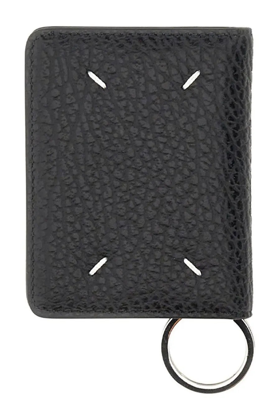 Maison Margiela men’s black textured leather bifold wallet with white stitching and metal key ring
