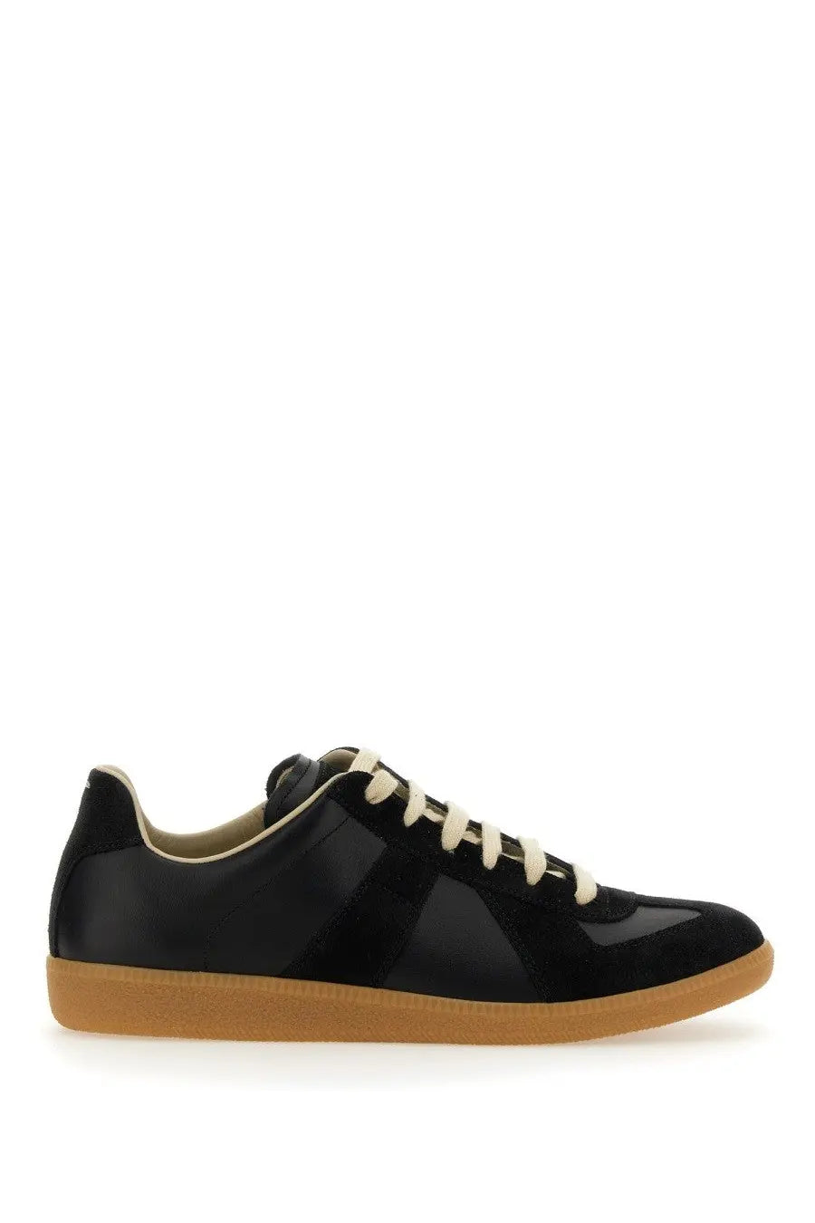 Maison Margiela men’s replica sneaker black with black leather upper tan rubber sole and cream-colored laces