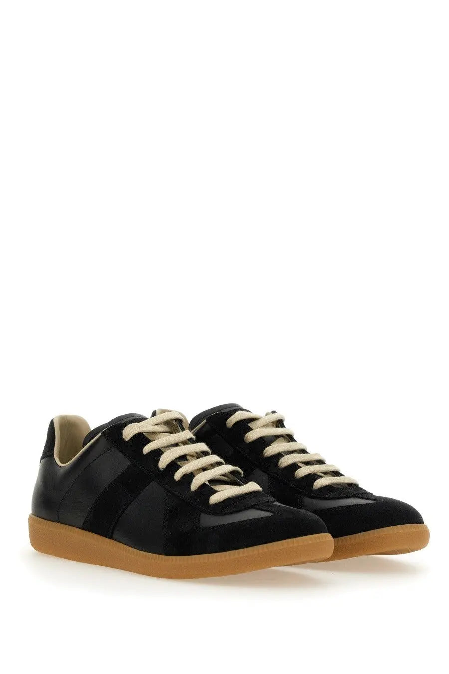 Maison Margiela men’s replica sneaker black with black matte finish cream laces and tan rubber sole visible from the back