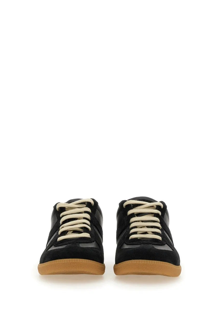 Maison Margiela men’s replica sneaker black low-top in black suede and leather with cream laces and tan rubber sole