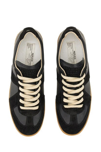 Maison Margiela men’s replica sneaker black low-top with black suede and leather and cream laces