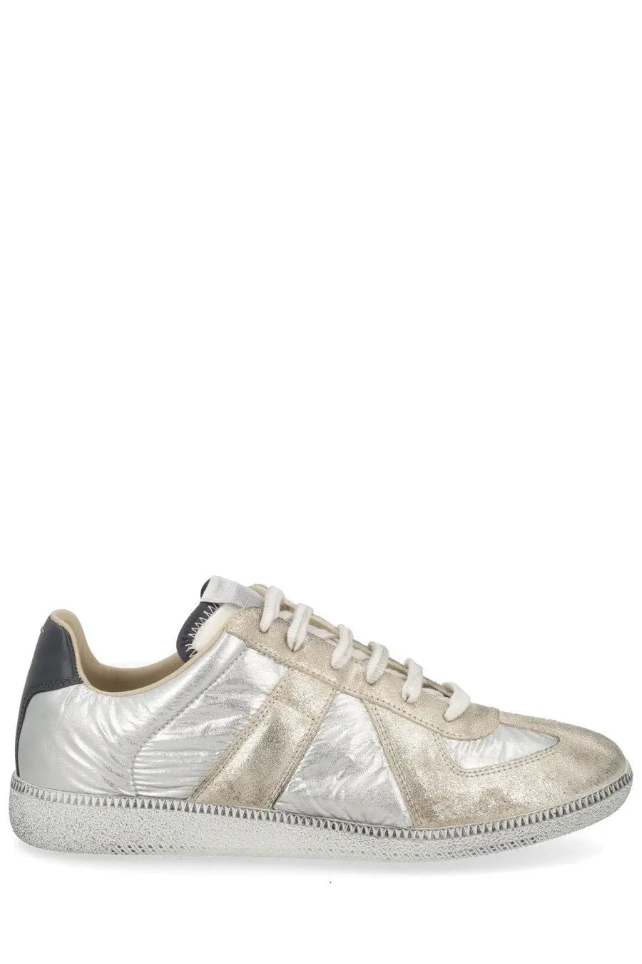Maison Margiela men’s replica sneaker in silver metallic leather with textured reflective finish and black heel tab