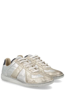 Maison Margiela men’s Replica sneaker silver metallic with quilted texture and white laces in multicolor design