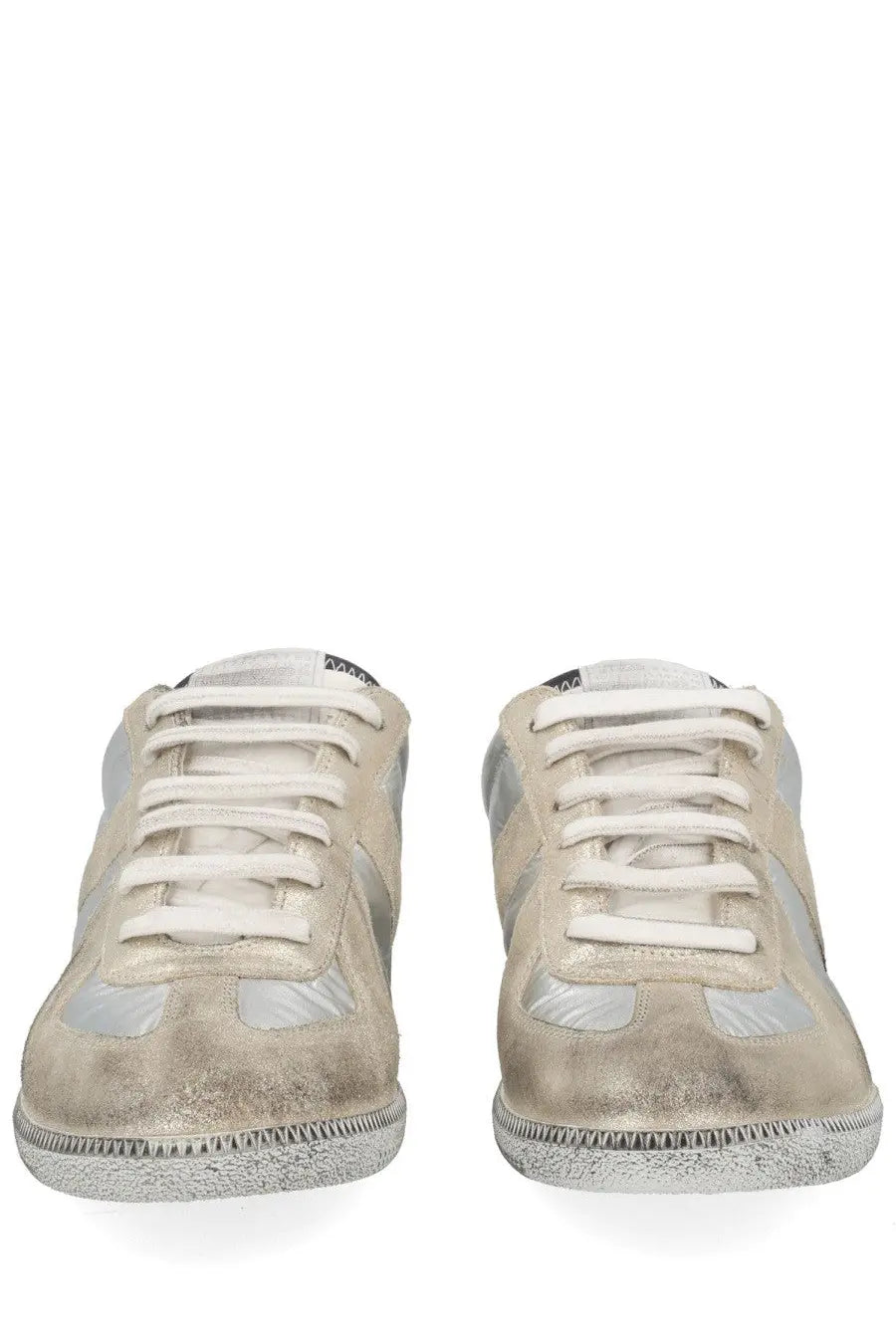 Maison Margiela men’s replica sneaker silver metallic with distressed suede finish and white laces