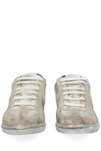 Maison Margiela men’s replica sneaker silver metallic with distressed suede finish and white laces
