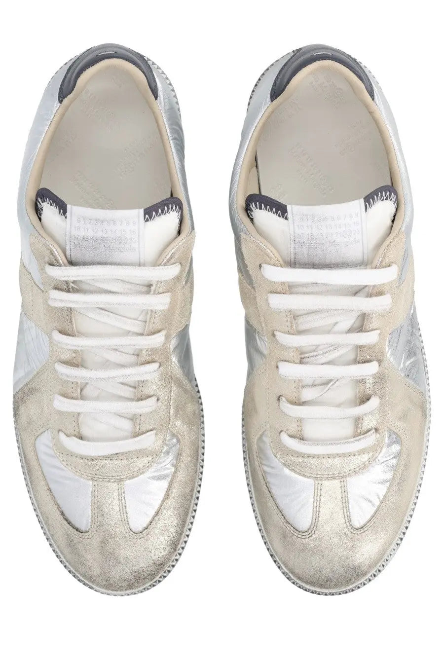 Maison Margiela men’s replica sneaker in silver metallic and beige suede with white laces and a reflective side panel