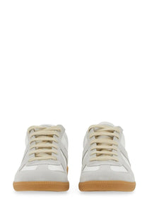 Maison margiela men’s replica sneaker in white with beige suede and tan rubber sole for casual wear