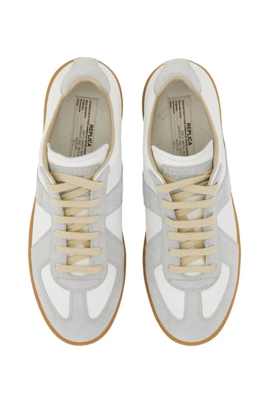 Maison Margiela men’s replica sneaker white with white and light gray suede, beige laces, and tan rubber sole
